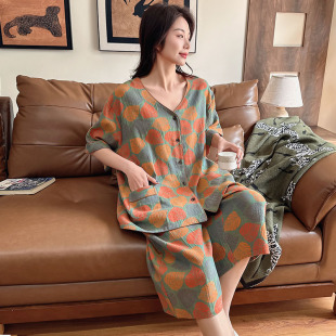 纯棉夏薄款 家居服中老年妈妈 睡衣女大码 200斤胖mm高级感棉纱短袖