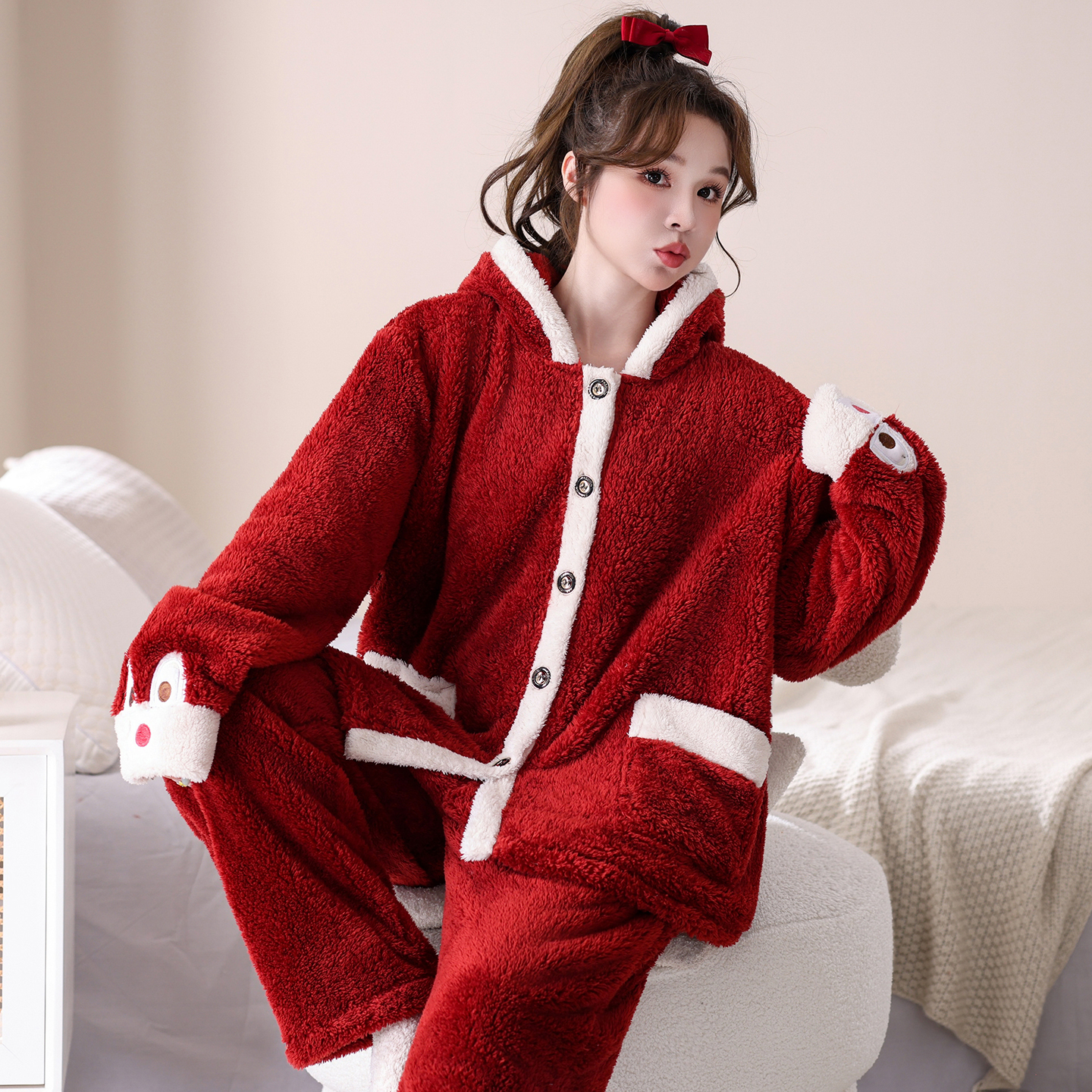 冬季大码珊瑚绒睡衣家居服女胖mm