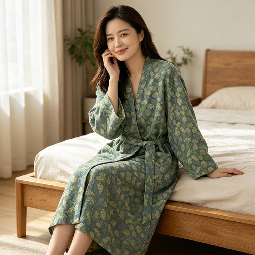 棉纱大码浴袍女春秋睡袍家居服