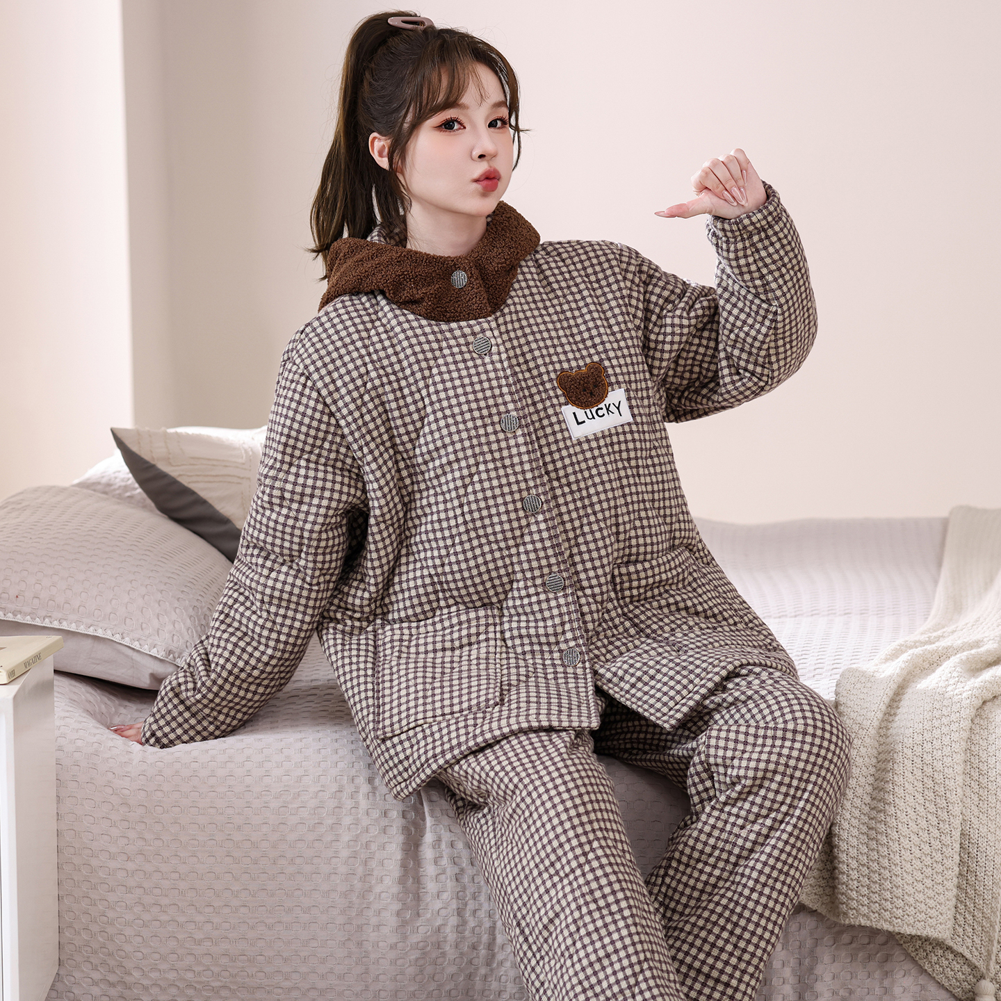 冬季三层夹棉大码睡衣家居服女