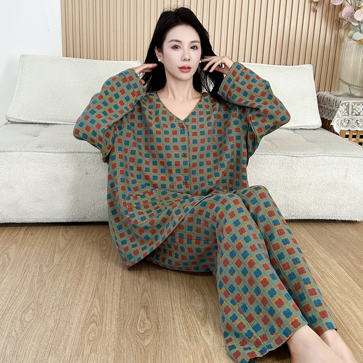 春秋胖mm大码睡衣女纯棉200斤中年妈妈复古双层棉纱宽松家居服秋,女士内衣/男士内衣/家居服,睡衣/家居服套装,淘宝优惠券,粉丝福利购,淘宝优惠卷