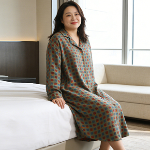 纯棉睡裙女款大码胖mm200斤宽松全棉双层棉纱春秋长袖睡衣裙长款