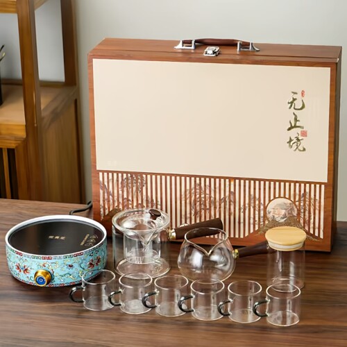 珐琅彩电陶炉煮茶器耐热玻璃烧水壶高端小型电热煮茶炉礼盒套装