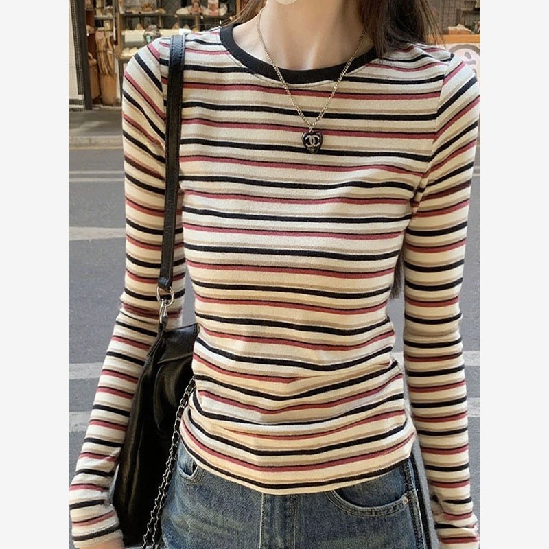 纯棉圆领条纹对比春秋冬女式长袖t恤2025新款覆古紧身上衣