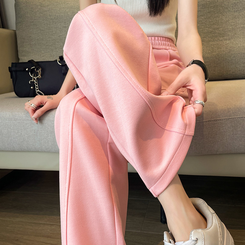 粉色阔腿裤女2023春秋新款高腰直筒窄版宽松显瘦小个子休闲香蕉裤