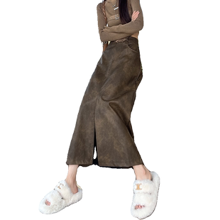 pu皮半身裙女秋冬2025年新款开叉中长款短裙高腰a字裙复古皮裙子