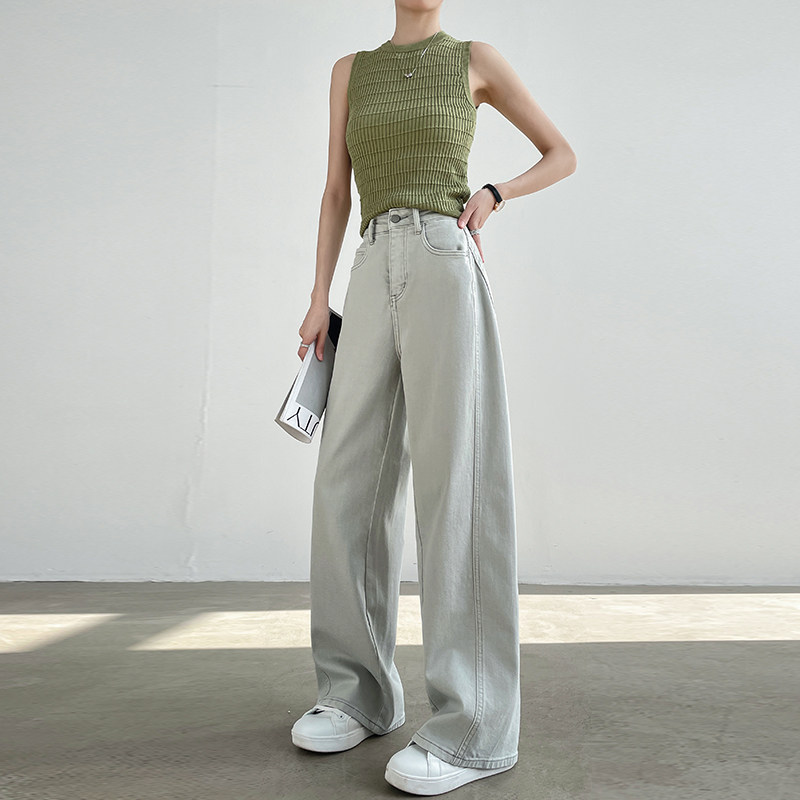 灰色阔腿牛仔弯刀裤女