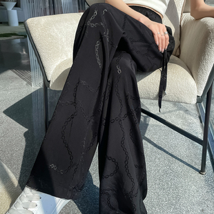 黑色冰丝阔腿裤 女春夏季 薄款 国风刺绣高腰垂感宽松显瘦休闲直筒裤