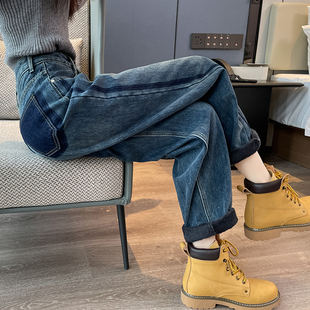 子 高腰直筒宽松小个子九分哈伦裤 加绒老爹牛仔裤 女2025年秋冬新款
