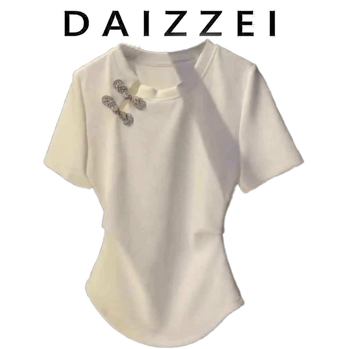 DAIZZEI~新中式国风盘扣短袖t恤女夏季设计感不规则修身显瘦上衣