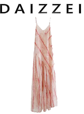 DAIZZEI~法式海边度假气质粉色扎染印花吊带a字连衣裙子女夏新款
