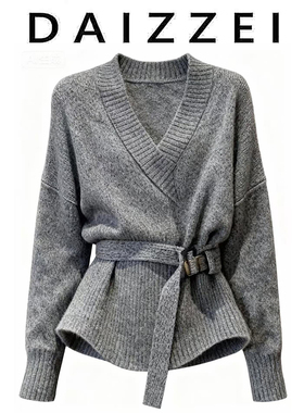 DAIZZEI~高级感V领长袖针织衫女秋冬灰色收腰绑带显瘦小众上衣潮