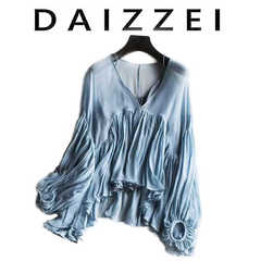 DAIZZEI~初秋桑蚕丝上衣V领宽松仙女飘逸真丝女长袖百褶大摆衬衫