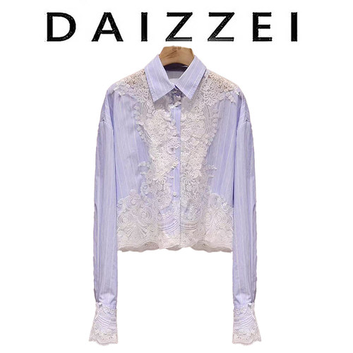 法式气质蕾丝拼接长袖上衣女衬衣