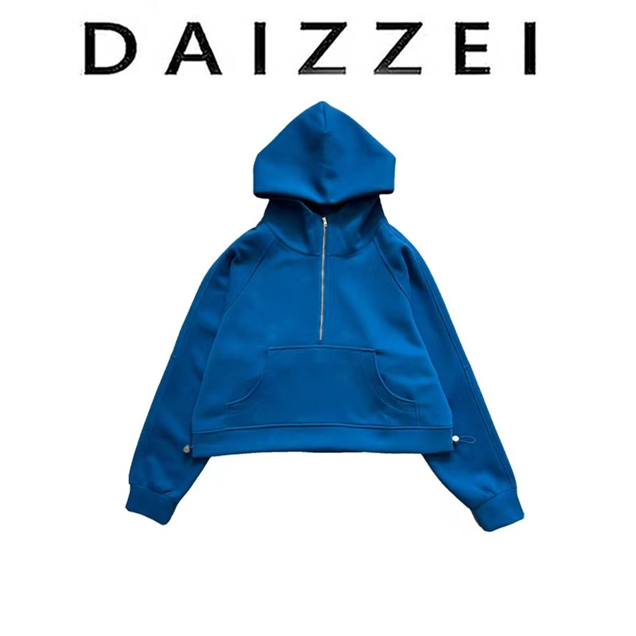 设计感蓝色半拉链连帽卫衣女外套