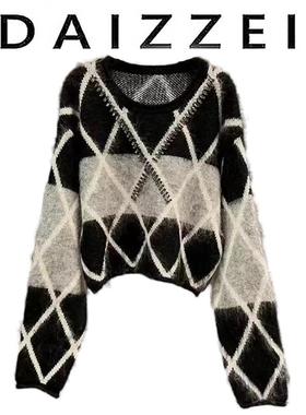 DAIZZEI~高级感重工条纹格加厚马海毛毛衣女秋冬25新款复古针织衫