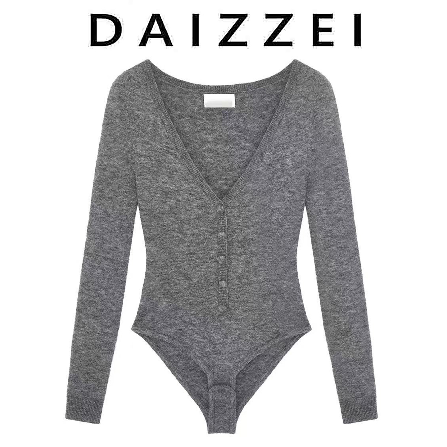 Lisa同款灰色修身V领针织连体衣