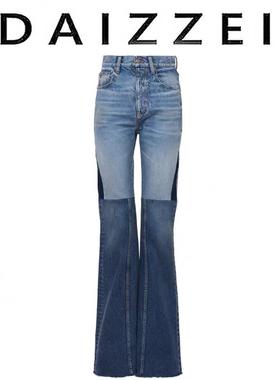DAIZZEI~拼接牛仔裤女新款高腰修身显瘦直筒裤百搭超好看微喇长裤