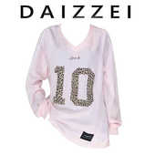 T恤女秋新款 运动风豹纹字母长袖 V领球衣宽松休闲上衣 美式 DAIZZEI