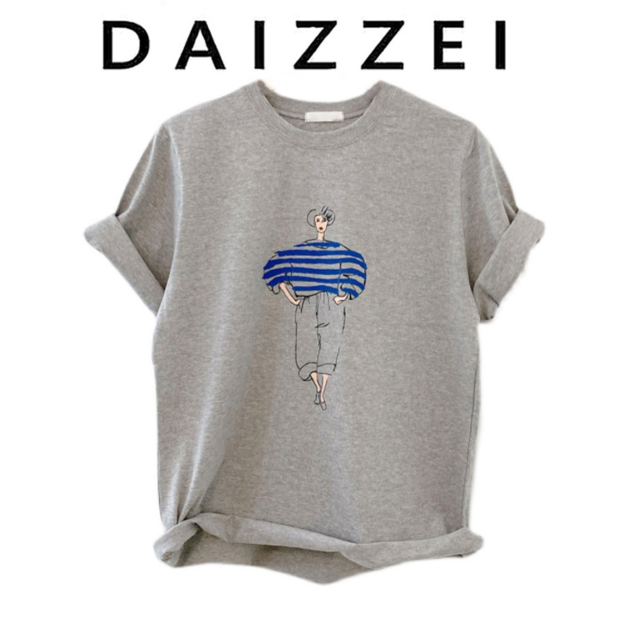 DAIZZEI~短袖t恤女夏季薄款2025新款纯棉宽松人物简约体恤上衣潮