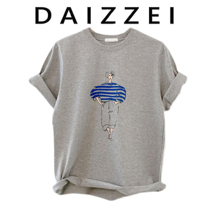 2025新款 DAIZZEI 薄款 短袖 纯棉宽松人物简约体恤上衣潮 t恤女夏季