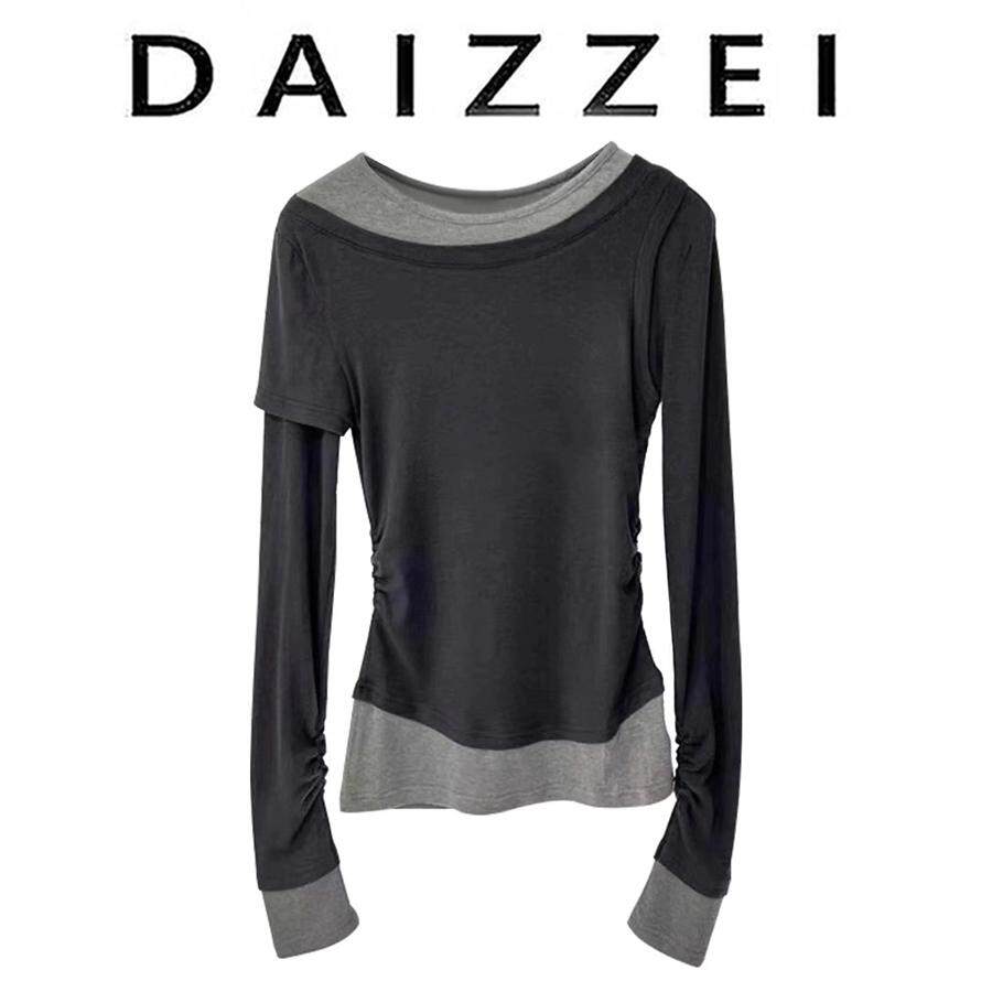 DAIZZEI~秋新款圆领柔软舒适长袖打底衫拼接设计感假两件t恤上衣,女装/女士精品,上衣,淘宝优惠券,粉丝福利购,淘宝优惠卷