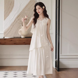 2026春夏法式温柔浅色雪纺背心连衣裙女立体花朵无袖度假沙滩长裙