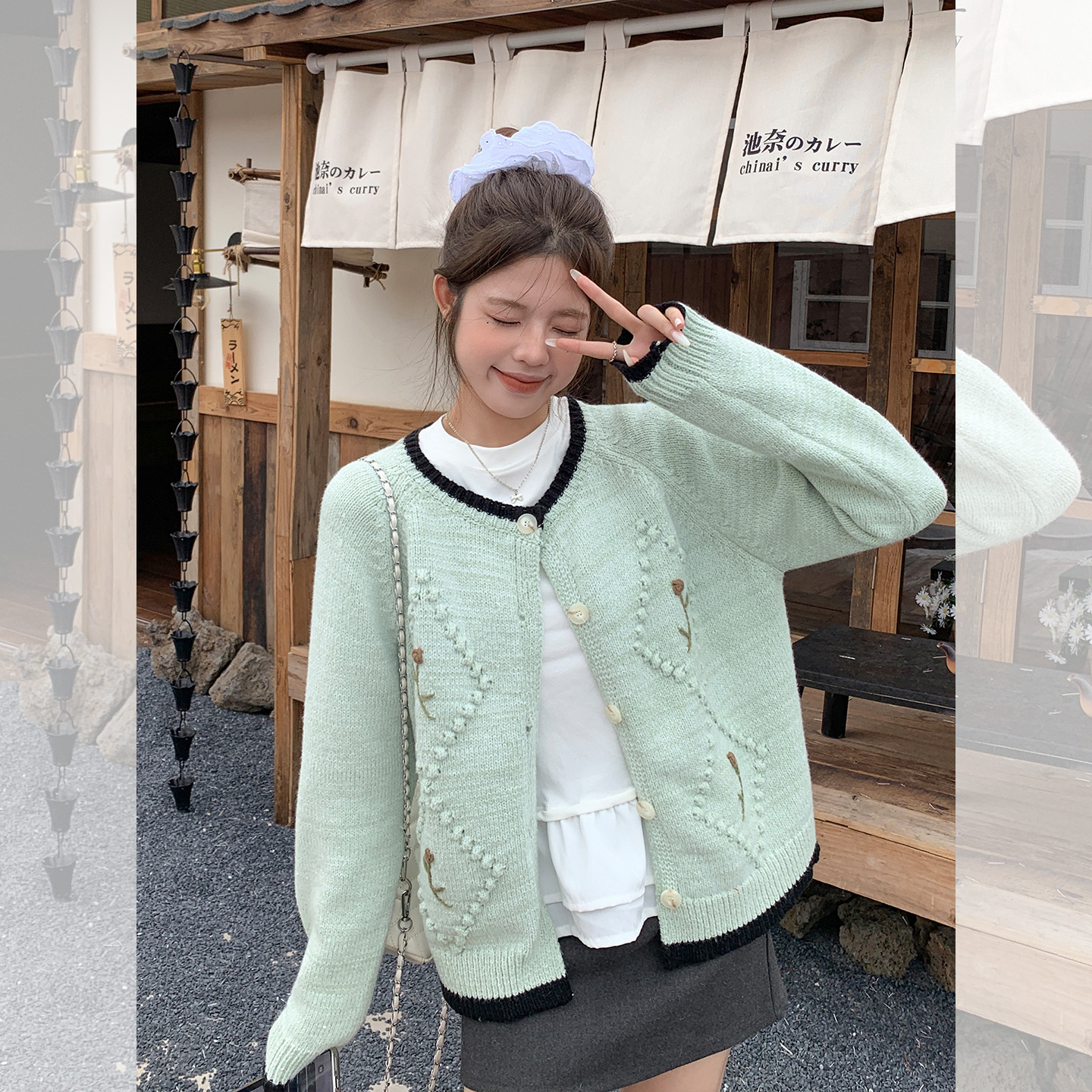 小香风秋冬刺绣绿色针织开衫女