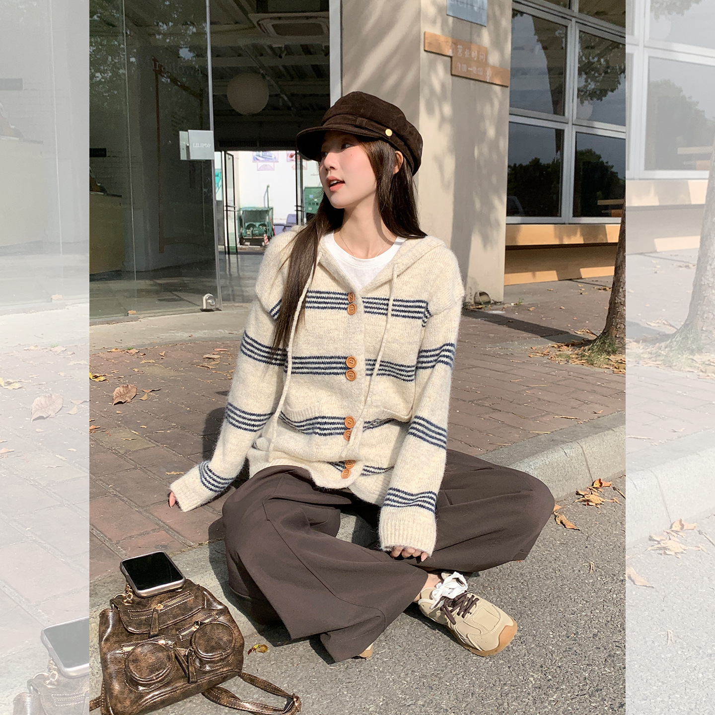 慵懒风条纹长袖加厚毛衣外套女冬