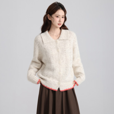 慵懒风杏色翻领加厚针织开衫毛衣