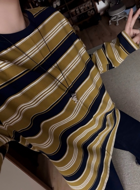 郑买买 黄金海岸线 春季休闲宽松圆领撞色条纹独特好看的长袖T恤