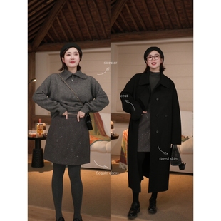 郑买买 碎冰星 秋冬季新款韩系ins百搭简约亮片灰色A字毛呢短裙女