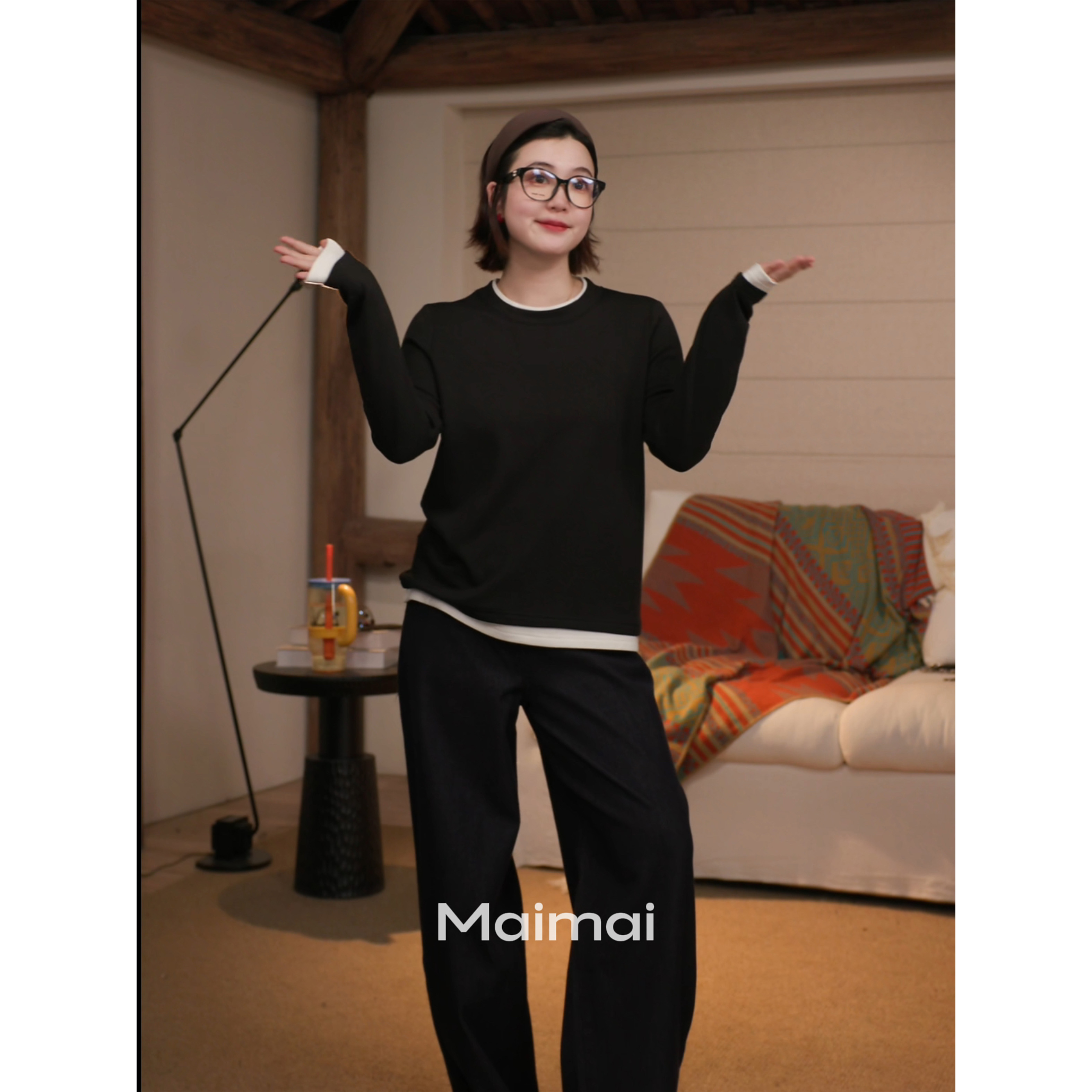 秋冬款韩系圆领设计感长袖打底衫