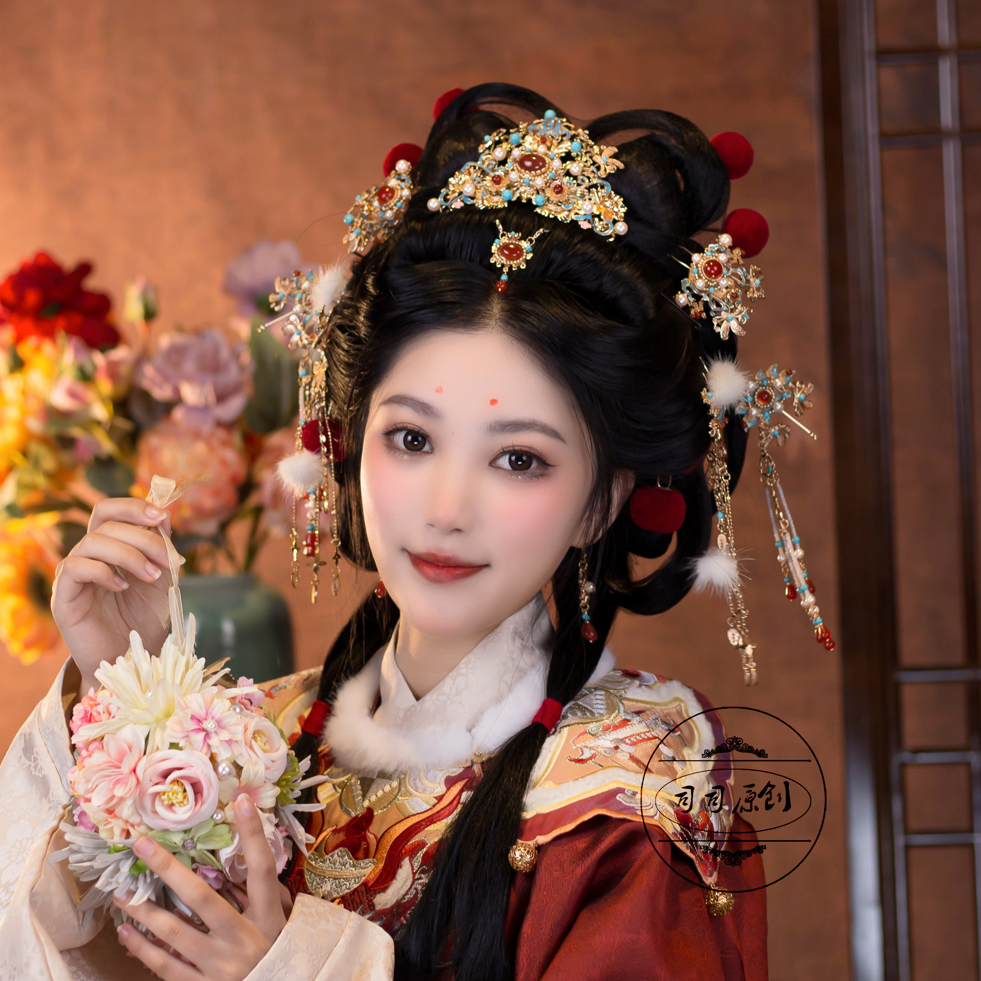 司司原创公主古风新娘流苏明制步摇宫廷凤冠霞百搭中国风发饰红色