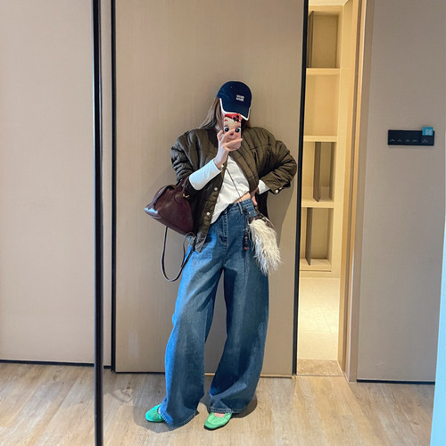 巴黎街头松弛感水洗弧形牛仔裤女