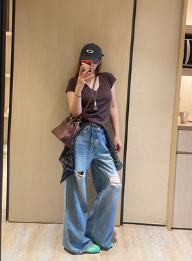 KOGIRL天丝破洞阔腿牛仔裤女夏季新款美式复古高腰宽松休闲拖地裤