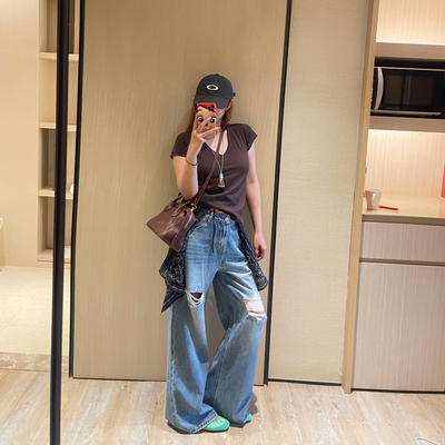 美式复古天丝破洞直筒阔腿牛仔裤