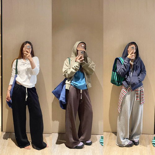慵懒纯色毛边拖地休闲卫裤长裤女