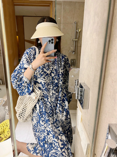 新款 KOGIRL 宽松圆领显瘦A字夏季 韩国青花瓷衬衫 复古灯笼袖 连衣裙