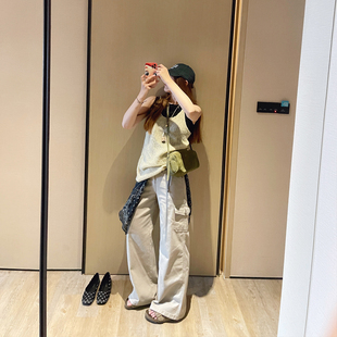 KOGIRL两侧双兜工装风开骨包纱高腰休闲阔腿直筒牛仔裤长裤女韩系