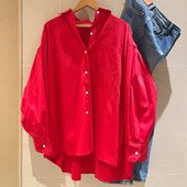KOGIRL过年红色博主高级感气质宽松舒适中长款 廓形衬衫 休闲衬衣女