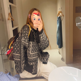 KOGIRL韩系东大门复古感提花加厚羊毛针织开衫细腻柔软廓形上衣女