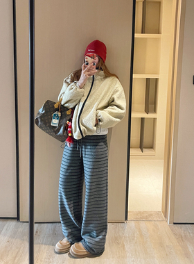KOGIRL冬季加绒韩系东大门休闲松弛感条纹翻领廓形卫衣休闲裤套装