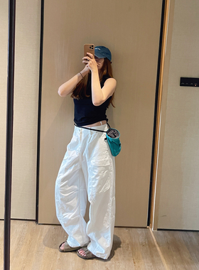 KOGIRL夏季韩系简约工装大口袋高腰压褶直筒休闲舒适松弛白长裤女