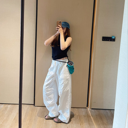 夏季韩系工装大口袋压褶休闲裤女