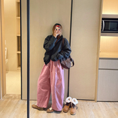 KOGIRL韩系东大门简约ins风松紧腰弹力平绒弧形休闲裤 梨形日系裤