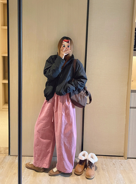 KOGIRL韩系东大门简约ins风松紧腰弹力平绒弧形休闲裤梨形日系裤