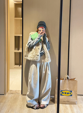 KOGIRL冬季高腰毛呢褶皱宽松保暖羊毛西裤韩版宽松廓形休闲裤女