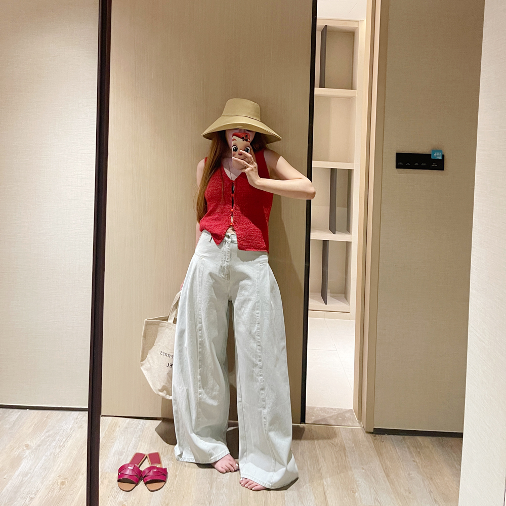 韩系Ins解构线条阔腿休闲牛仔裤