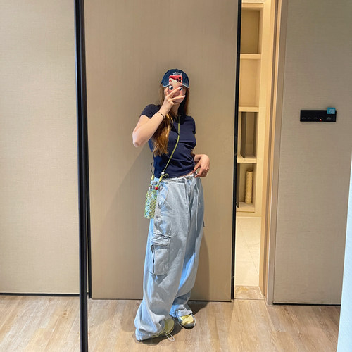韩系东大门工装口袋阔腿牛仔裤女